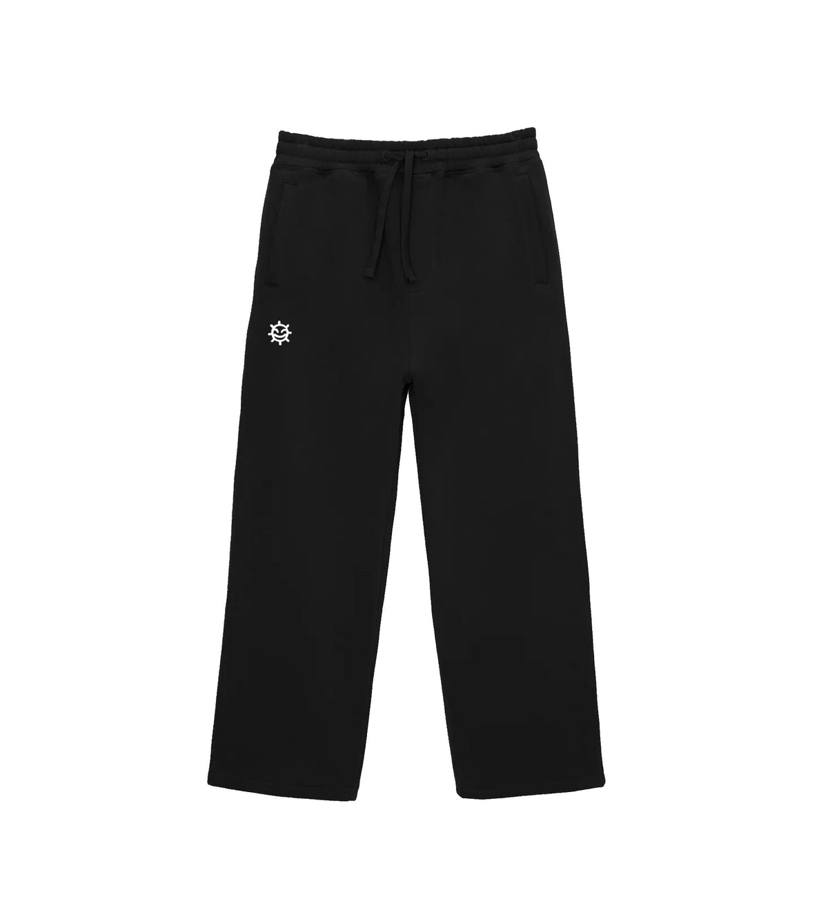 Black pants with a small white logo on a white background