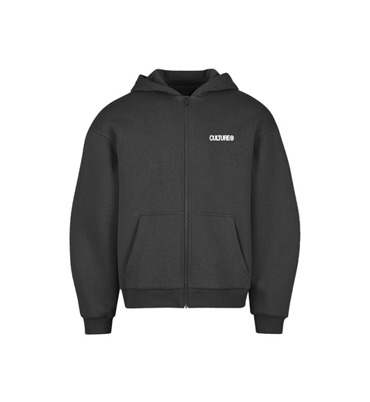Black hoodie with a brand logo on a white background
