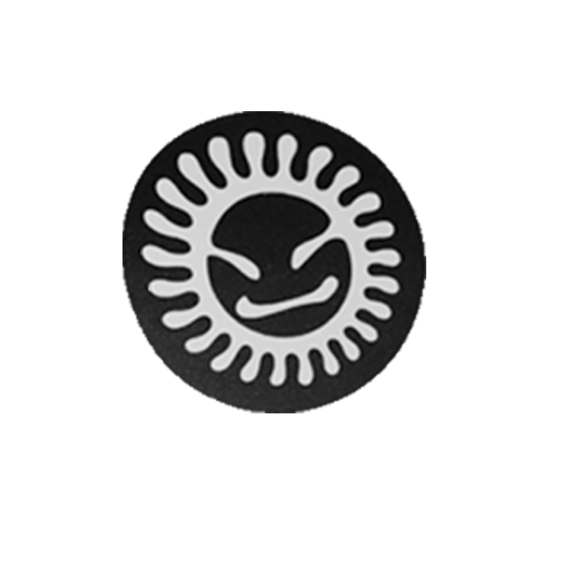 A circular black patch featuring a stylized white sun and moon symbol, isolated on a solid white background.