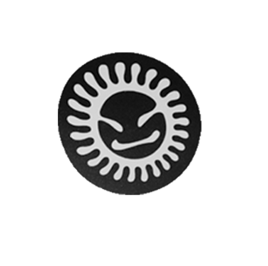 A circular black patch featuring a stylized white sun and moon symbol, isolated on a solid white background.