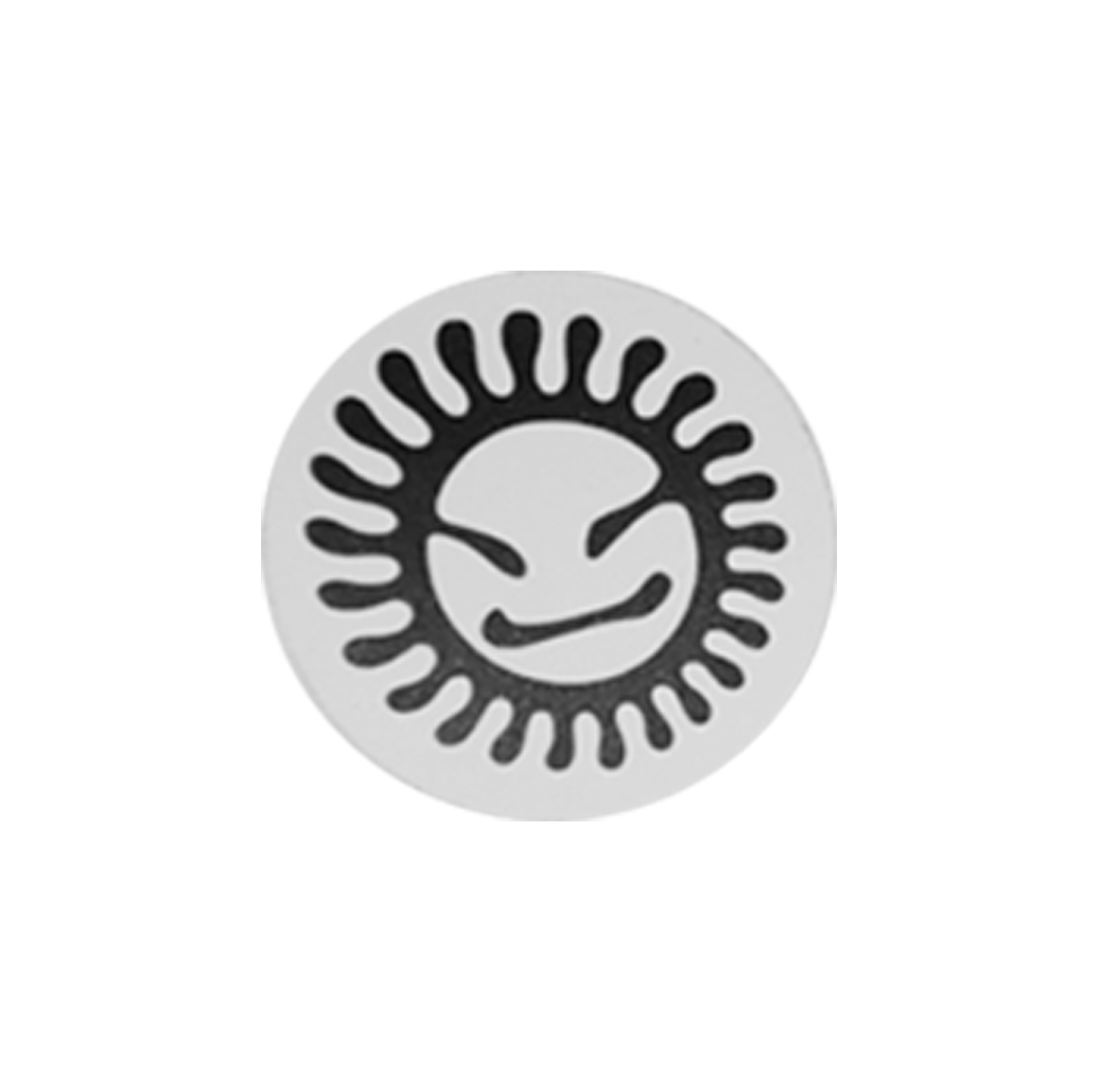 A circular white sticker with a black sun face design with radiating rays and a curved smile.
