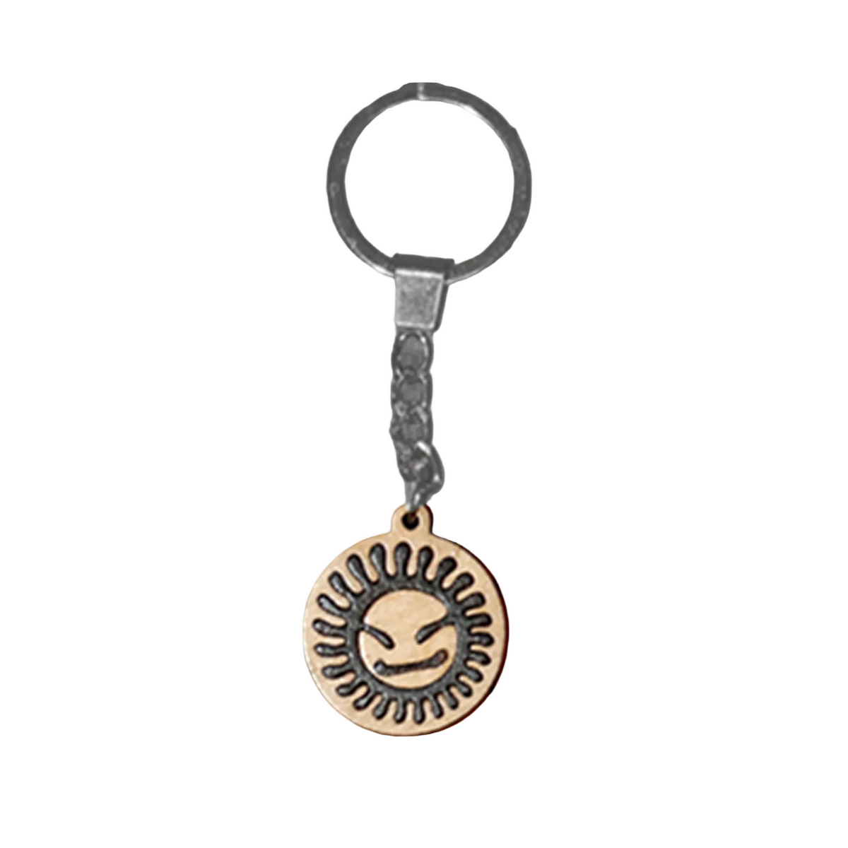 A round metal keychain featuring a sun face charm in a wooden finish, attached to a silver split ring and chain, shown against a plain white background.