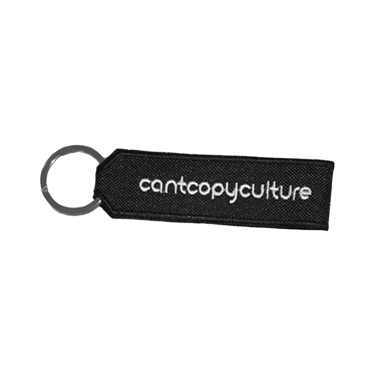 A black fabric keychain tag with white vertical text reading 'cantopyculture' and a silver metal key ring, shown on a plain white background.