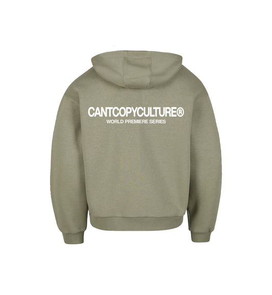 Green hoodie with text on the back against a white background